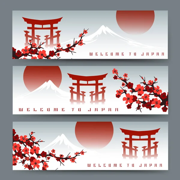 Sakura, Fuji-Berg und Torii-Banner — Stockvektor