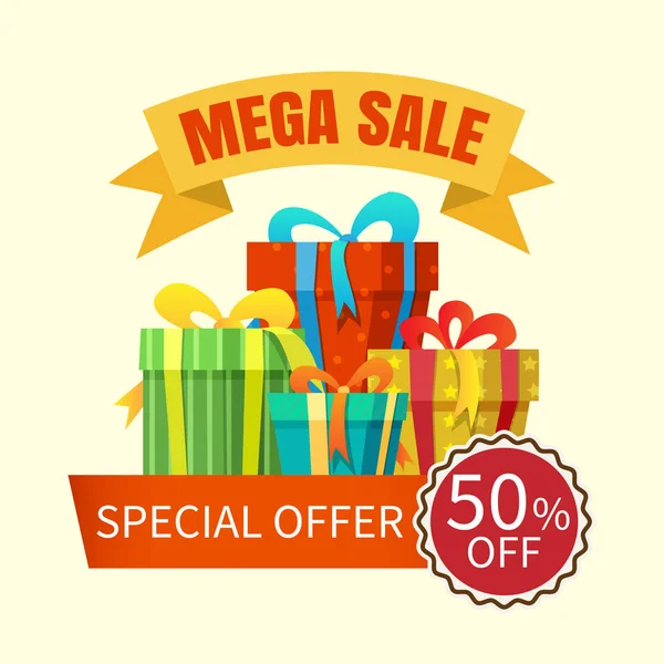 Mega Sale Banner mit Geschenkboxen — Stockvektor
