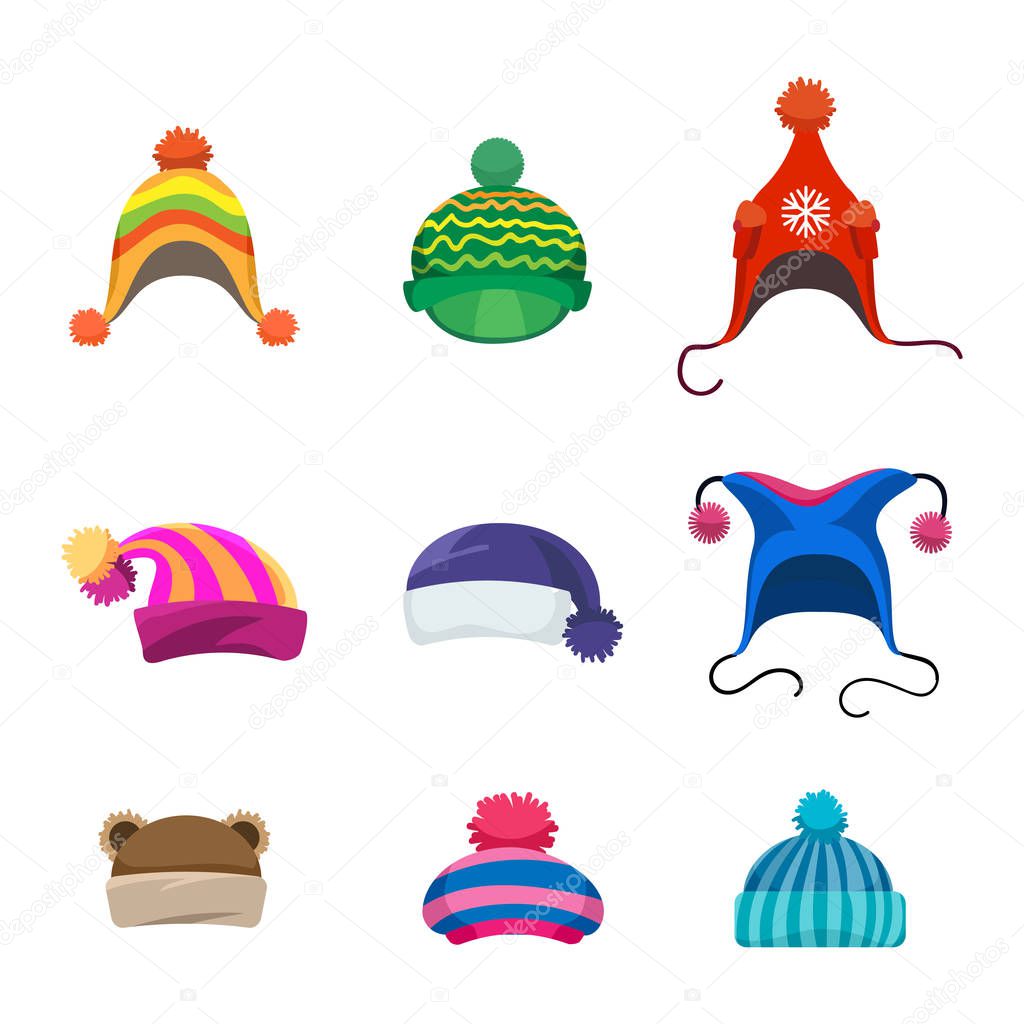 Pompons winter hats set isolated on white background, vector illustration