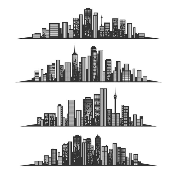 Силуэты ночного города с освещенными окнами
