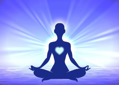 Mavi arka plan üzerinde meditasyon kadın siluet