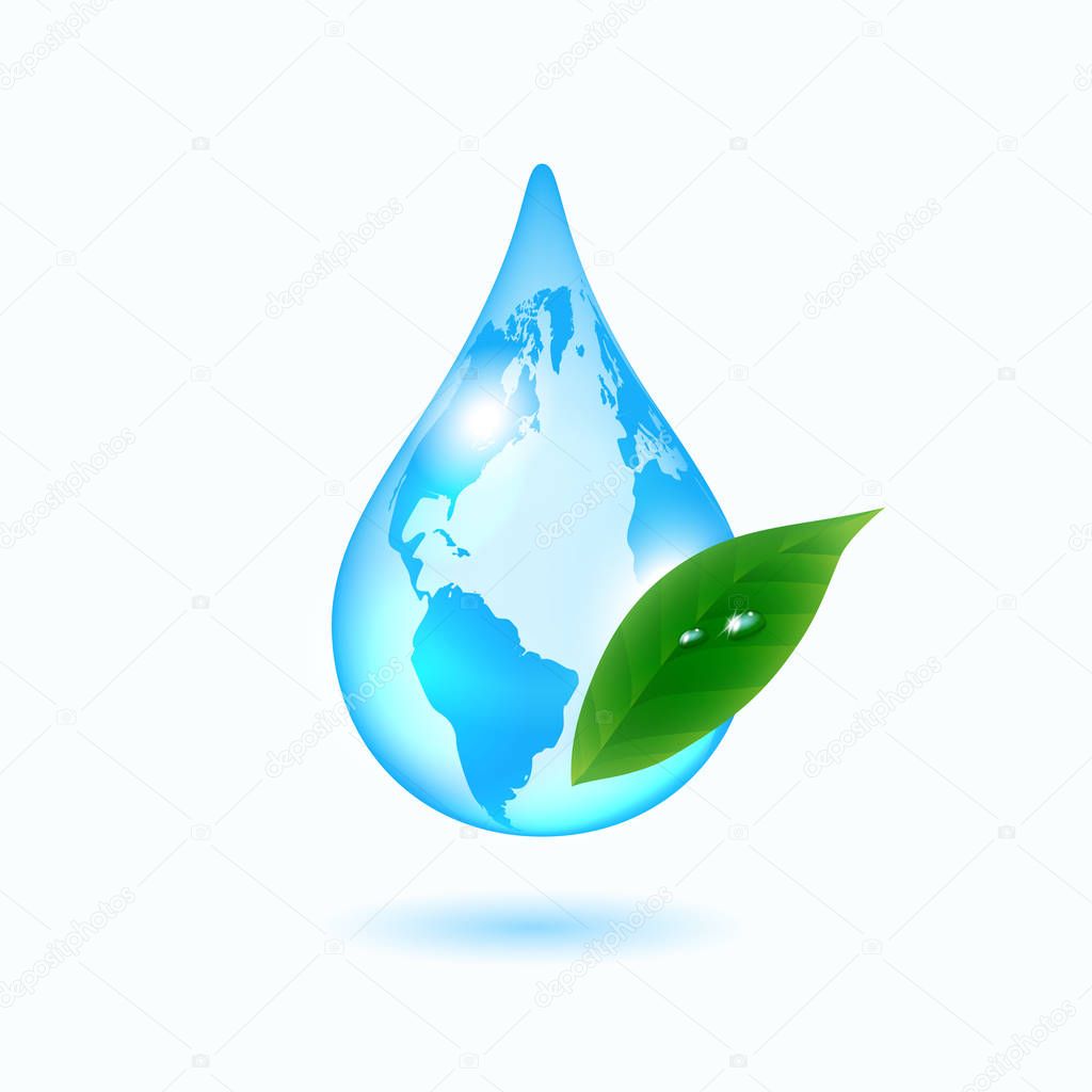Earth drop with green leaf on white background. Vector illustration