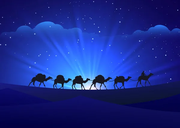 Walking camel caravan night background — Stock Vector