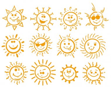 Beyaz güneş simgeleri doodle