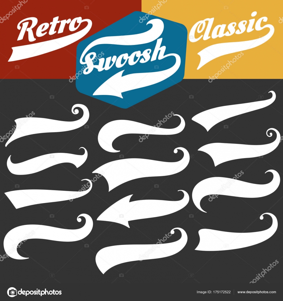 Swash and swoosh. Curly swish tails and sporty plume swirl logo vector  elements for retro banners Stock Vector