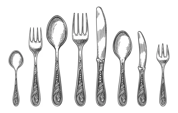 Sketch spoon, fork and knife — Stock Vector