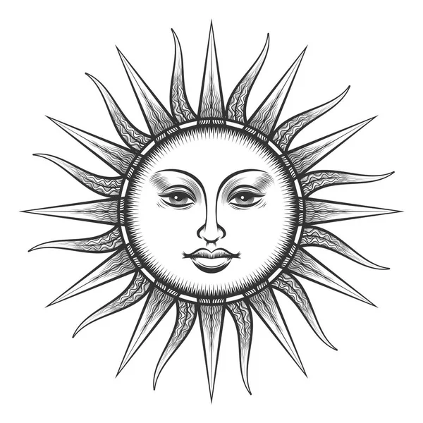 Símbolo de cara antigua sol grabado — Vector de stock