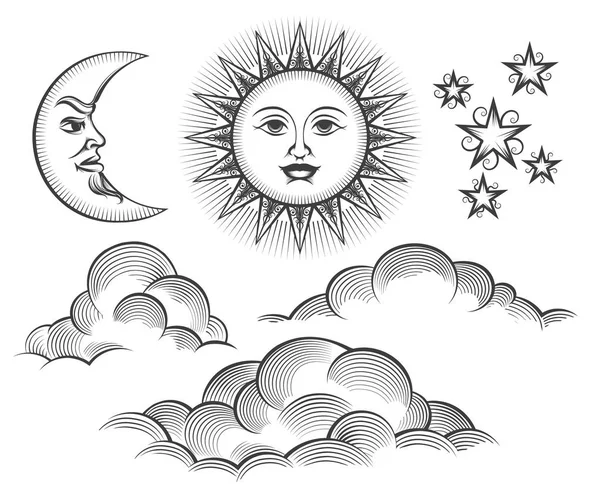 Luna grabada retro, caras celestes del sol — Archivo Imágenes Vectoriales