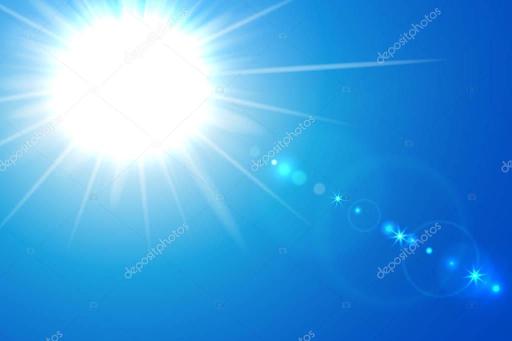 Sun and lens flare on blue