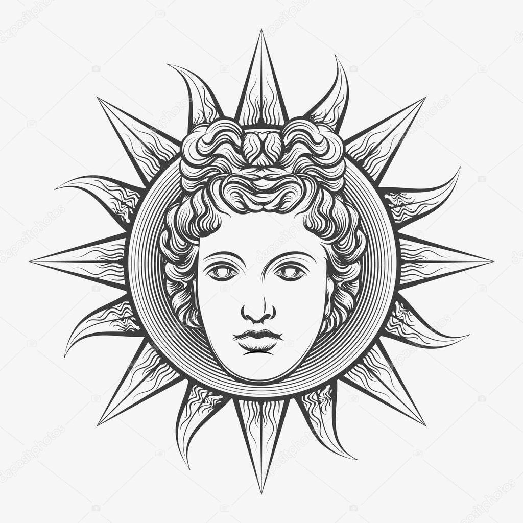 Antique roman apollo sun face