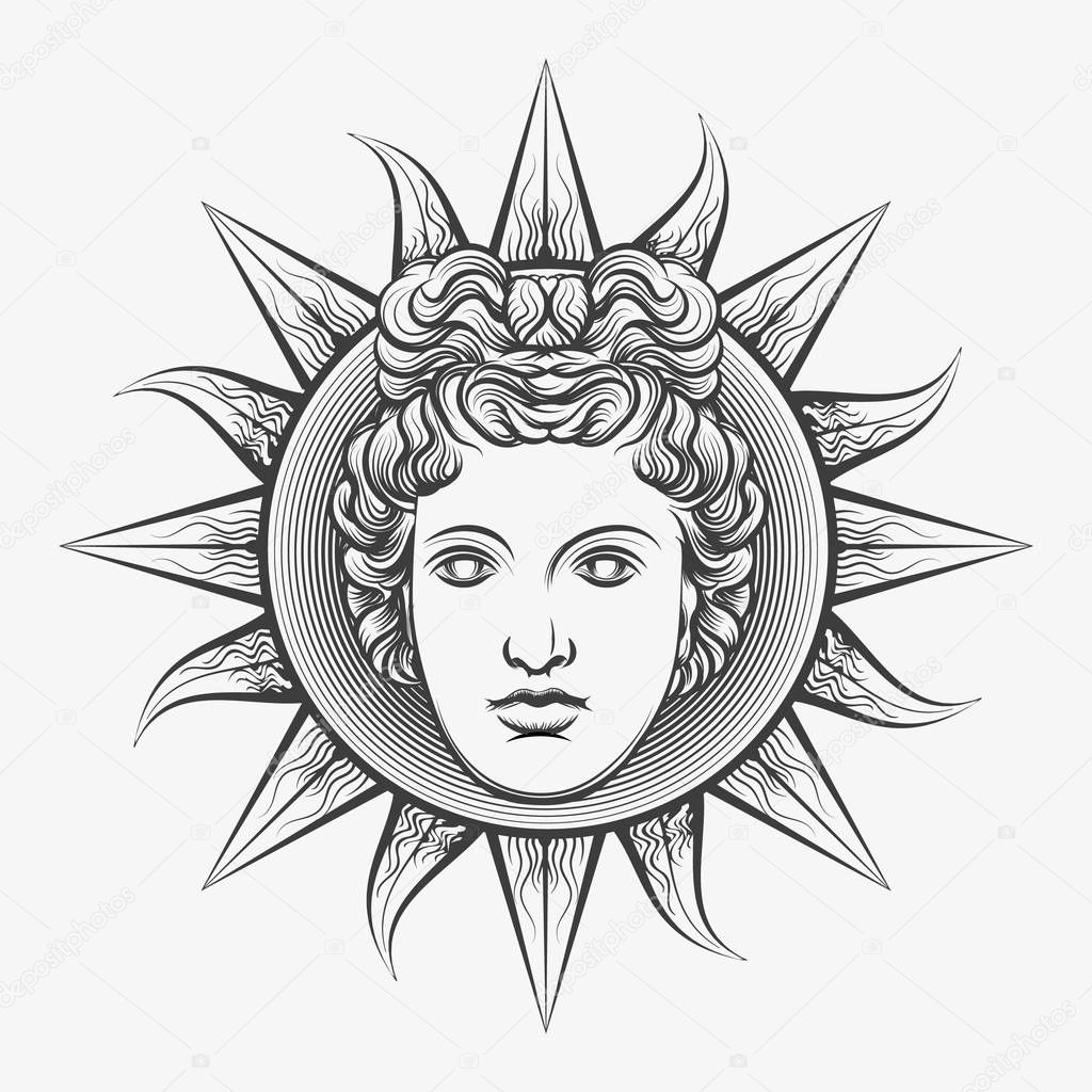 Apollo sun. Antique roman apollo sun face god engraving vector illustration or etching isolated on white background