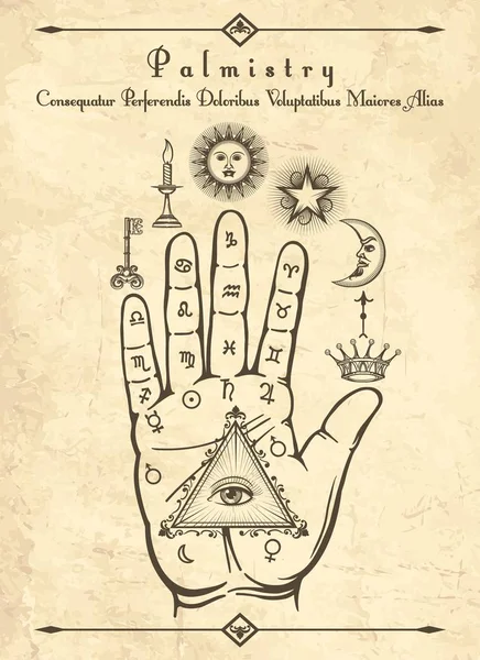 Vintage tenyérjóslás szimbólumok a kezét — Stock Vector