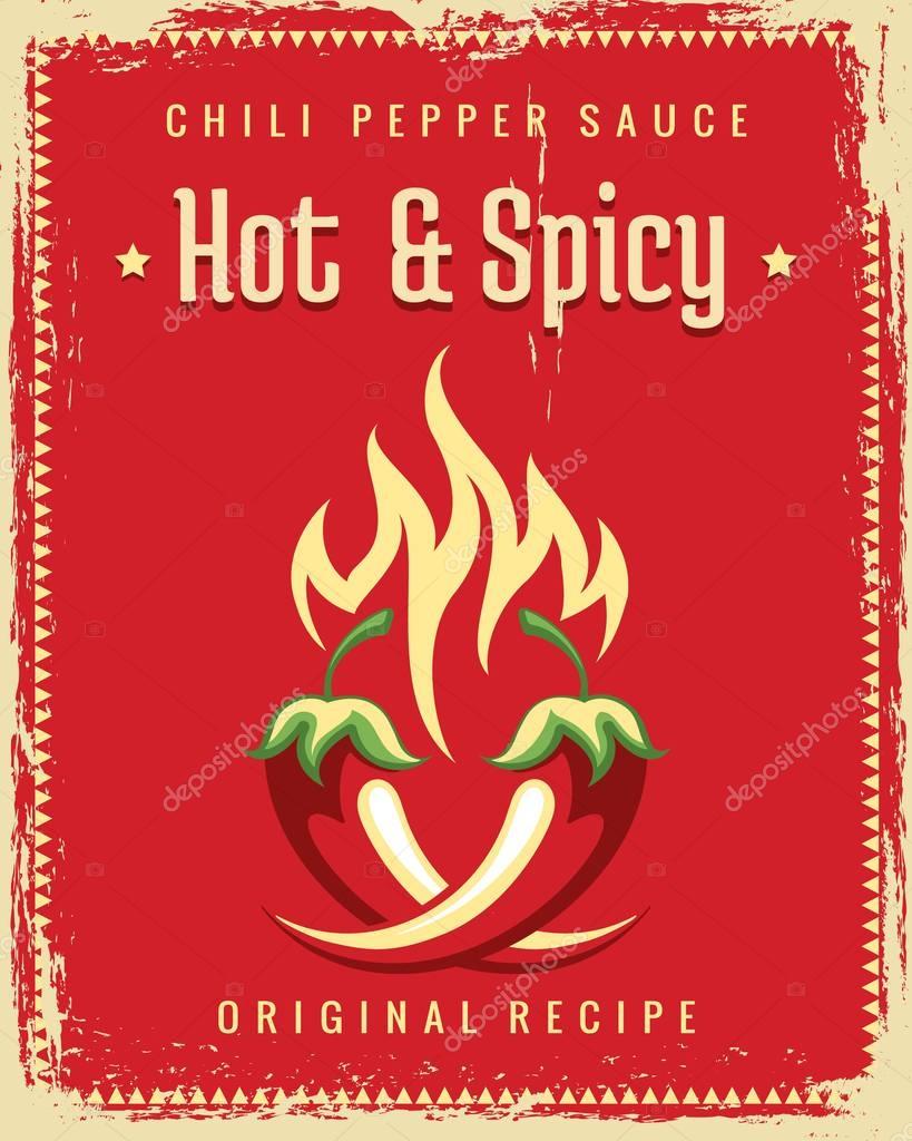 Chili pepper poster. Vintage traditional mexican spicy poster, hot chili pepper food restaurant graphics