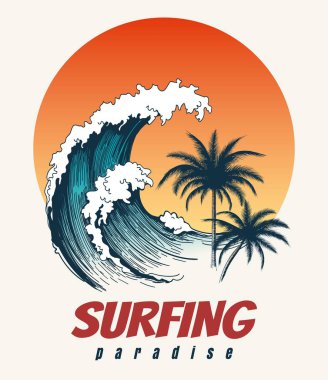 Surfer big wave retro poster clipart