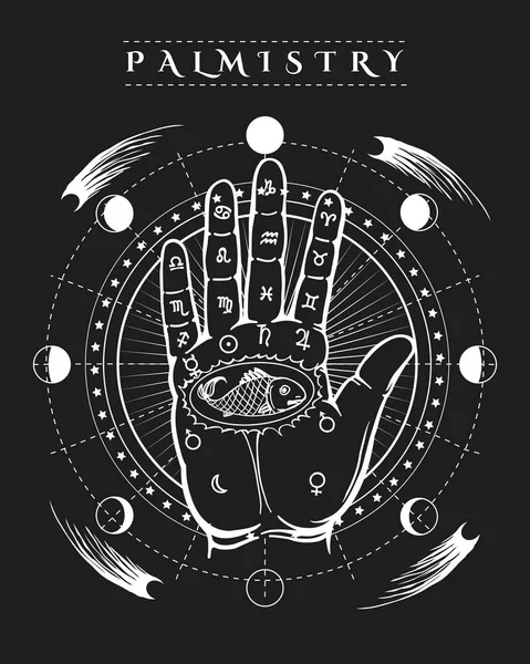 Esoterische menselijke hand vis tattoo poster — Stockvector