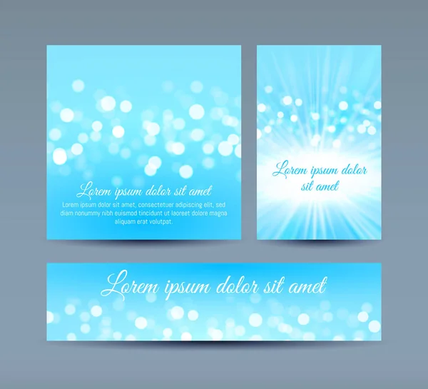 Bokeh lights on blue invitation cards — Stock Vector