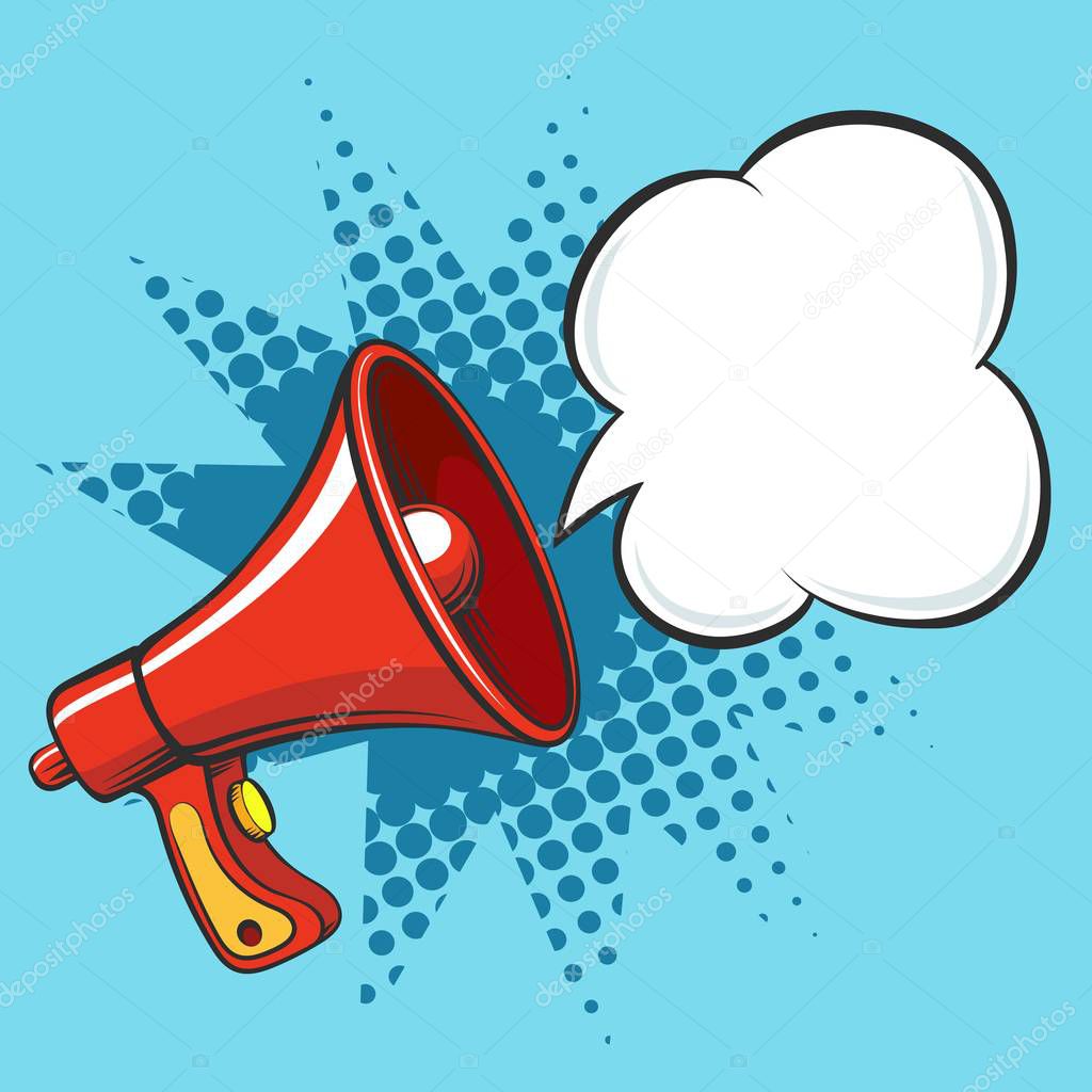 Cartoon megaphone. Loudspeaker business announce vector illustration, retro loud speaker isolated on white background