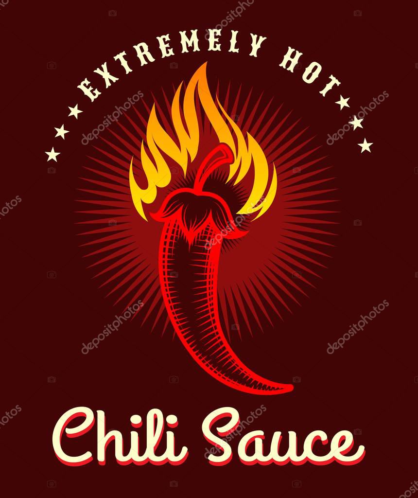 Chili sauce poster. Burning hot pepper background, fire salsa spicy sauce label