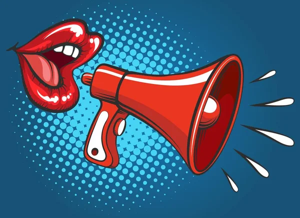 Popart дівчина рот кричить в megaphone — стоковий вектор