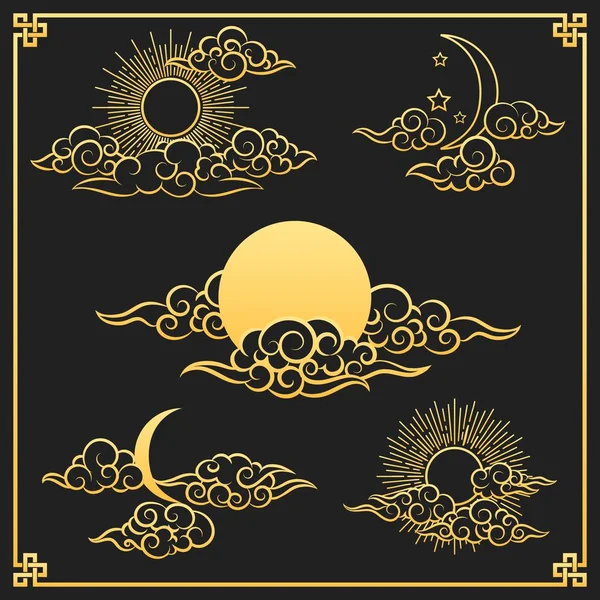 东方的金色云彩, 太阳和月亮 — 图库矢量图片