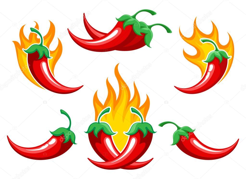 Chili pepper on fire. Closeup burned cayenne pepper for spicy food ingredients or capsicum salsa cooking, vector illustration