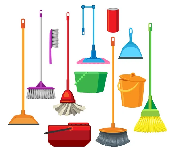 Dustpans brooms mops cleaner supplies — Stock Vector