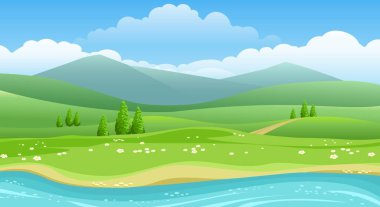 Summer hills and river panorama clipart