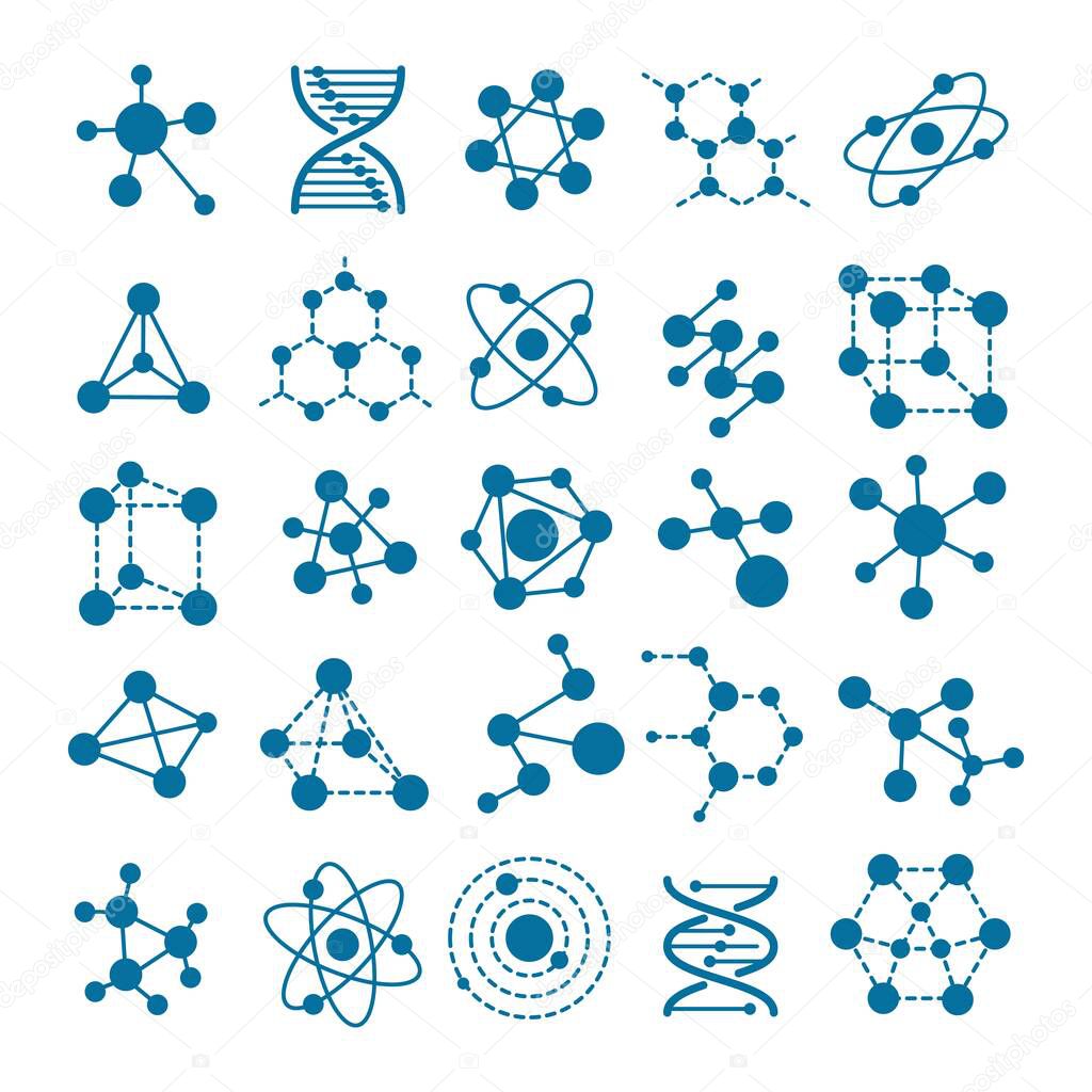 Hormone or molecule icons. Substance line structure signs, bacteria atomic structures, chemical nanotech organic compositions