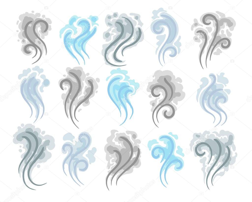 Smoke clouds doodle icons. Incense comic steams waves vector doodles, fog cloud shapes or vapour smoking fumes streams