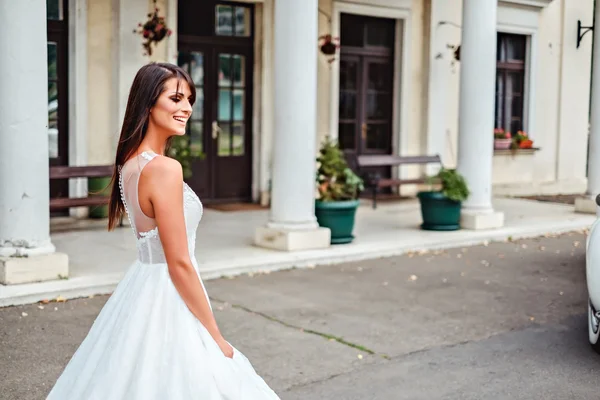 Happy bride with closed eyes smiling — Stock Photo, Image