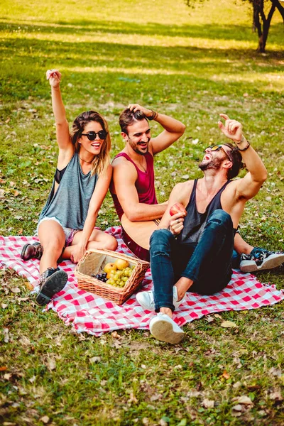 Friends laughing on a picnic in a park