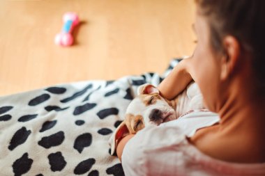 Kız holding uyku köpek yavrusu. Yerde onun oyuncak