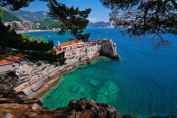 Fortezza Della Città Petrovac Sullo Sfondo Del Mare Adriatico Rami — Foto Stock