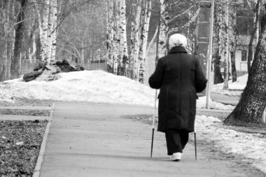 Nordic Walking - yaşlı kadın hiking, parkta yaşlı kadın