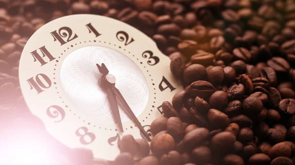 Alarm Clock Standing Beans Coffee Coffee Time Concept Close — Stock Photo, Image