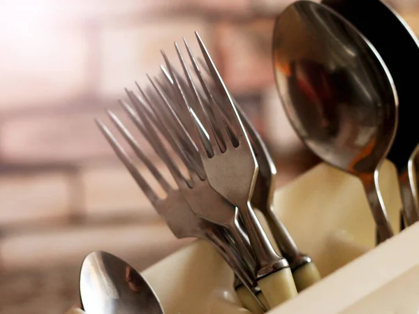 Set Forks Spoons Stand Close — Stock Photo, Image