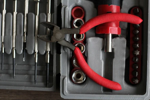 Tools Toolbox Wooden Background Top View — Stock Photo, Image