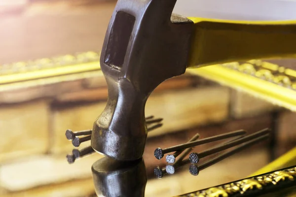 Yellow Hammer Nails Tools Construction Repair Close — Stock Photo, Image