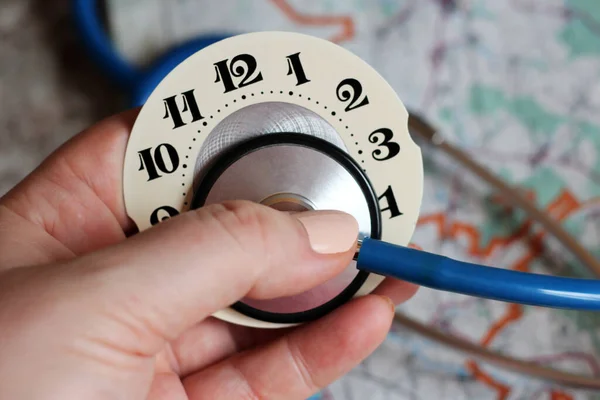 Regular Medical Examination Concept Stethoscope Clock — Stock Photo, Image