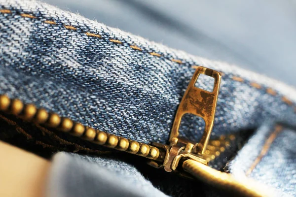 Detalhe Zíper Jeans Azuis Macro Com Profundidade Campo Extremamente Rasa — Fotografia de Stock