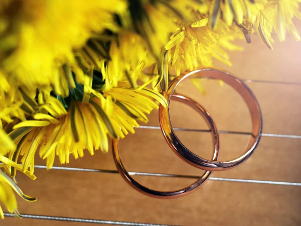 Wedding Rings Guitar Yellow Flowers Sunlight — Stock Photo, Image