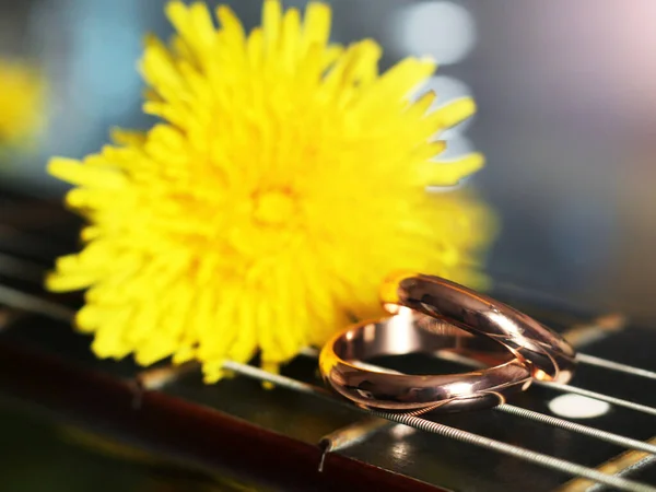Anillos Boda Guitarra Flores Amarillas Luz Del Sol —  Fotos de Stock