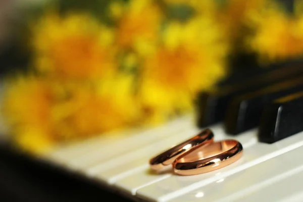 Wedding Rings Dandelions Piano Happy — Stock Photo, Image