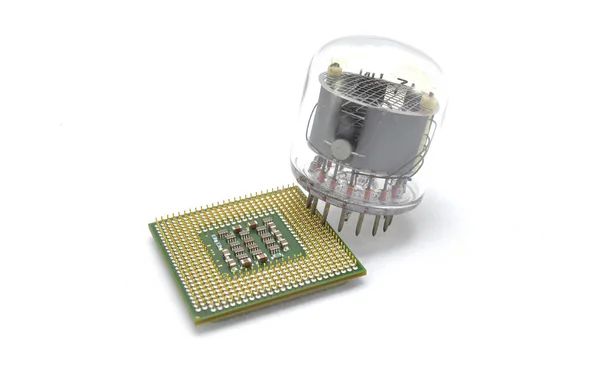 Electron tube and processor on a white background close up
