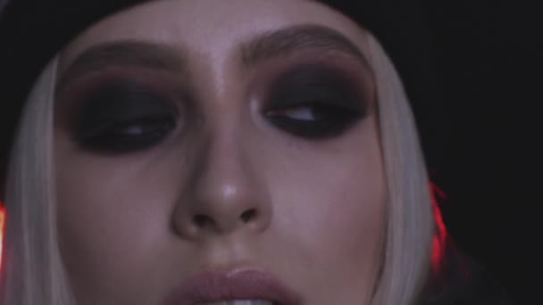 Close View Gorgeous Young Woman Smokey Eyes Makeup Dark Background — Stock Video