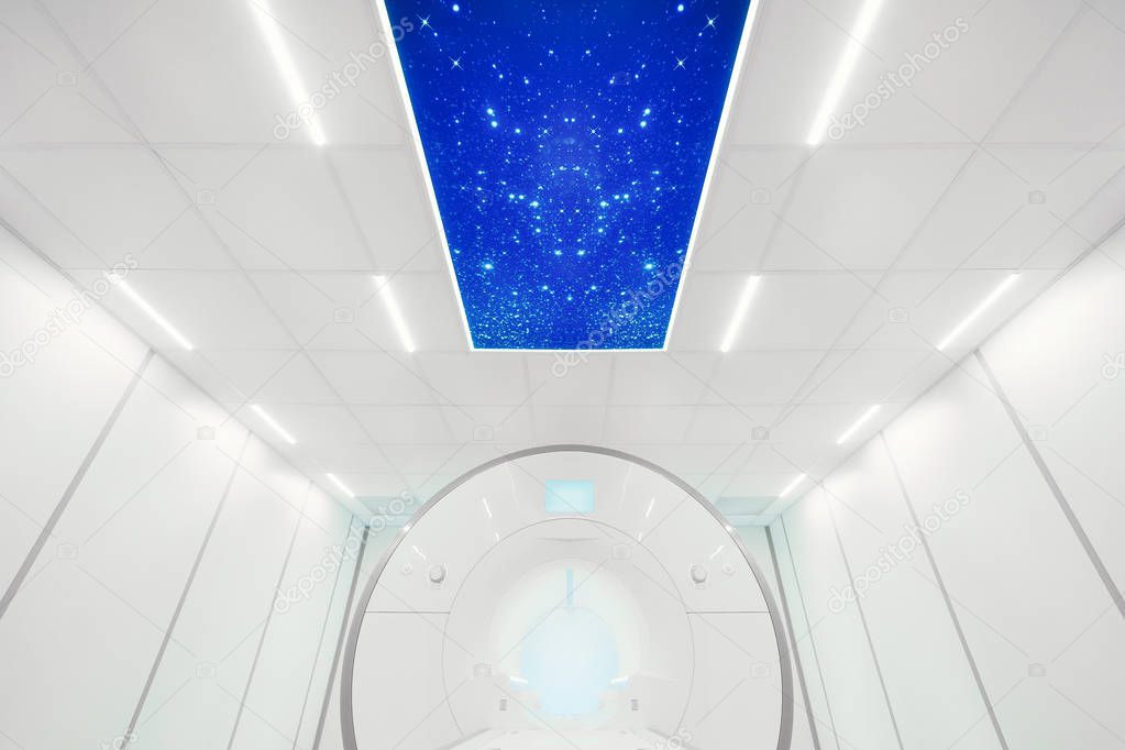 MRI - Magnetic resonance imaging scan device in Hospital. Medical Equipment and Health Care. CT - Computerized Tomography Scan Device in Hospital.  MRI scaner room 