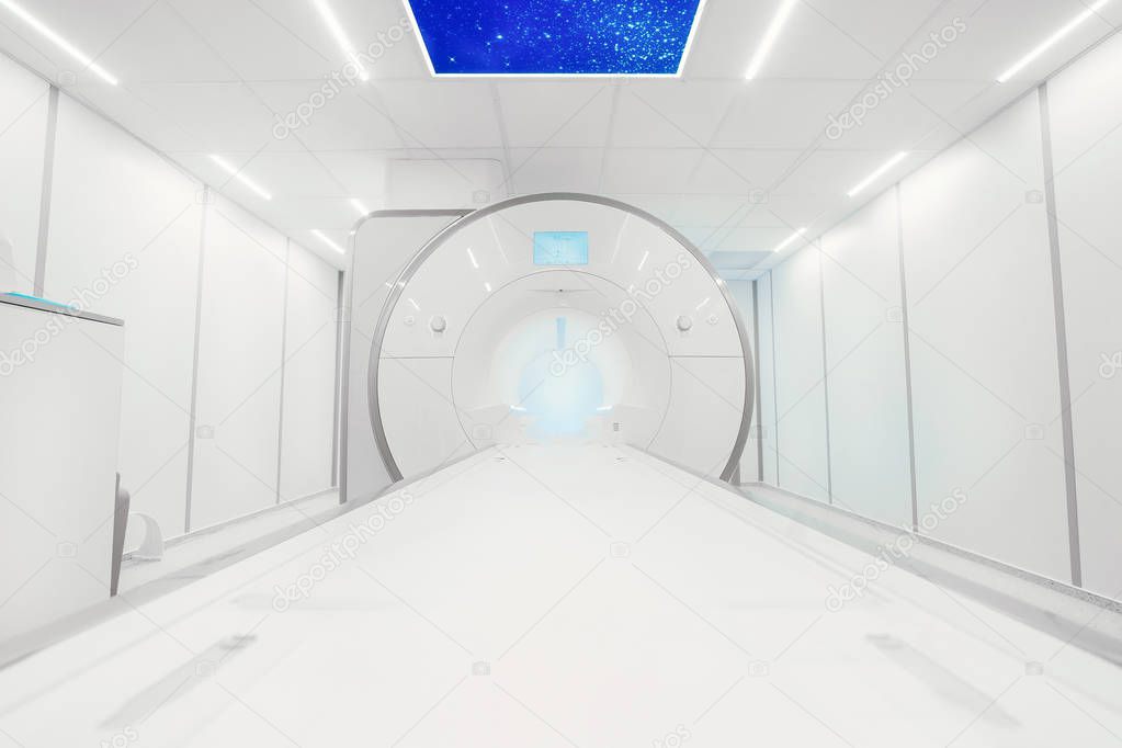 MRI - Magnetic resonance imaging scan device in Hospital. Medical Equipment and Health Care. CT - Computerized Tomography Scan Device in Hospital.  MRI scaner room 