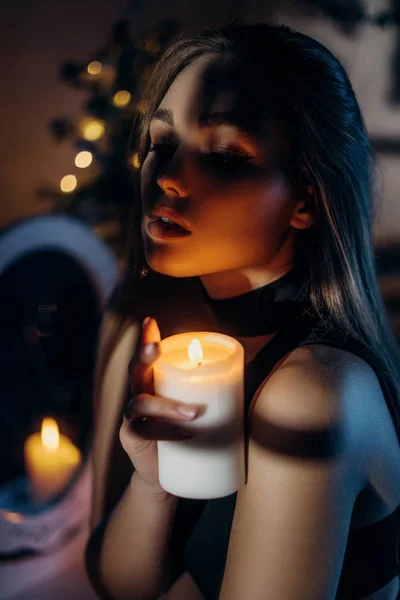 Beautiful Woman Holding Burning Candle Her Hands Waiting New Year — Stock Photo, Image