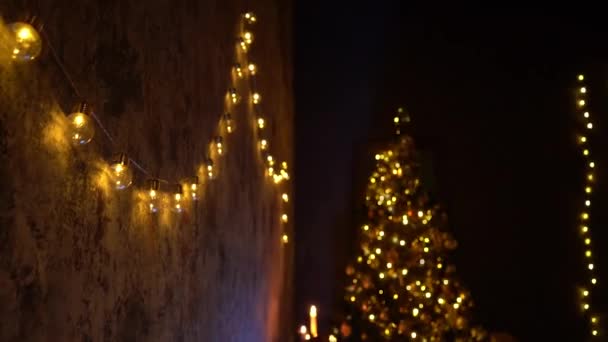 Nieuwe Jaar Boom Versierd Met Lichten Kerstmis Interieur Achtergrond — Stockvideo