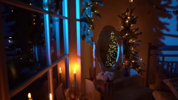 Nowy Rok Drzewa Zdobią Światła Boże Narodzenie Tło Wnetrze — Wideo stockowe